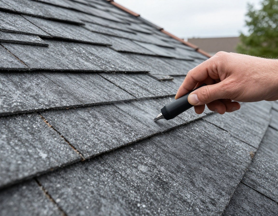 Roof inspection showing chalk documentation on hail-damaged shingles