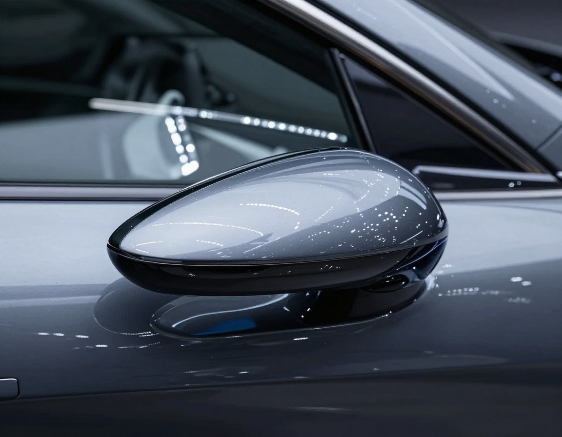 Flawless door panel lines reflecting cold showroom strip light