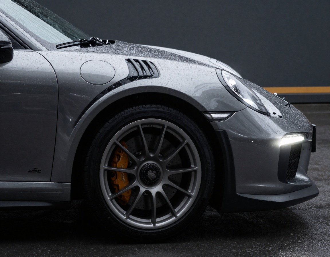 Agate grey metallic rear quarter panel reflecting stark white linear lights