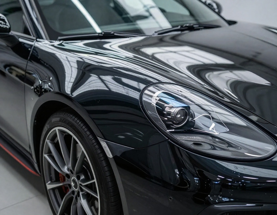 Mirror-like reflection of cold linear inspection lighting on gloss black fender