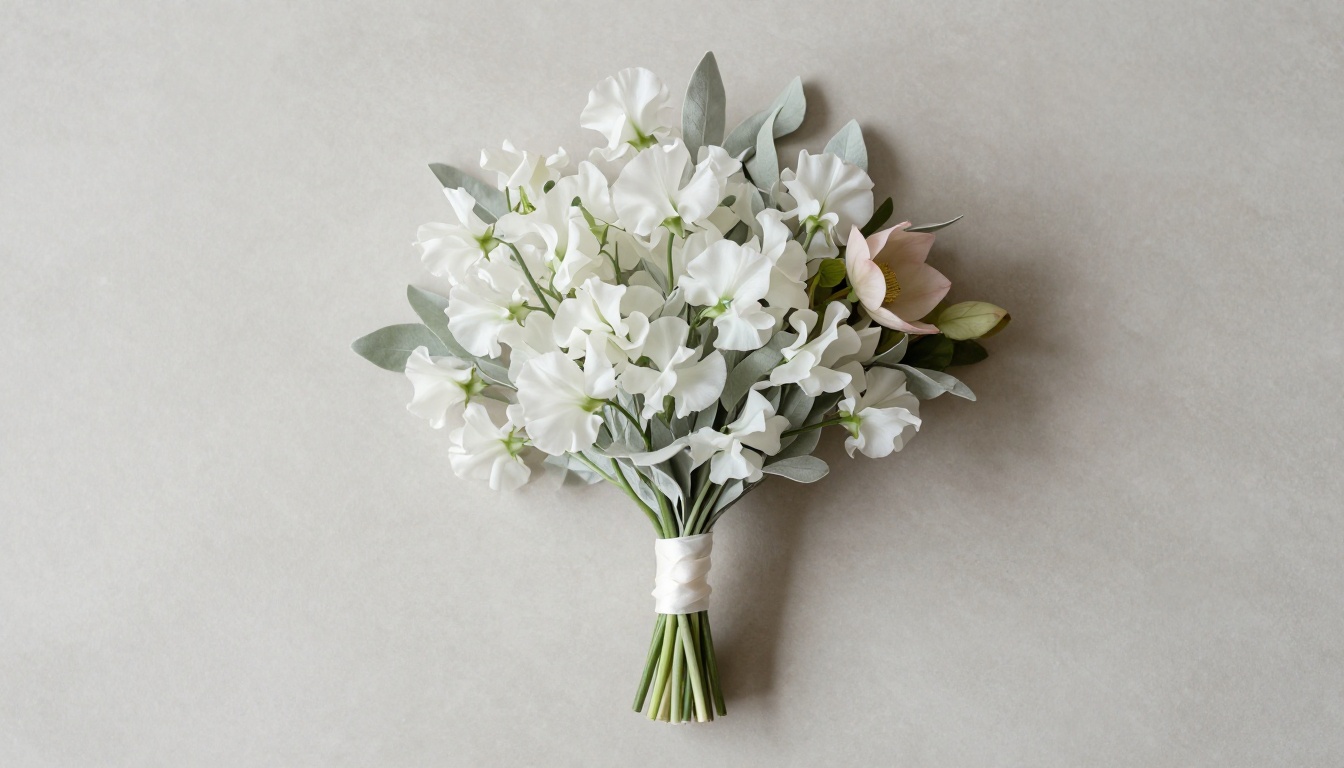 Muted bridal bouquet with seasonal stems and pale textures