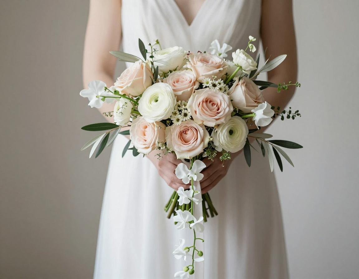 Hand-tied asymmetrical bridal bouquet with blush roses and trailing foliage