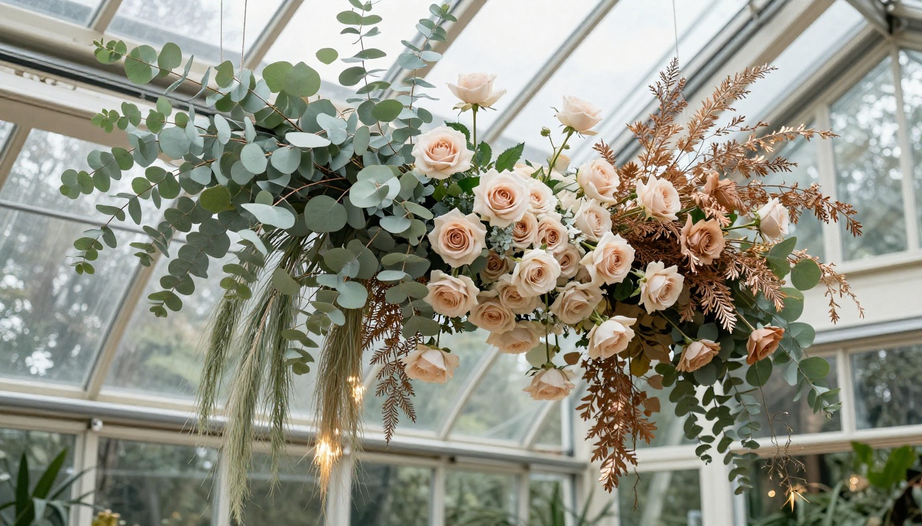 Suspended botanical installation in a glass greenhouse structure