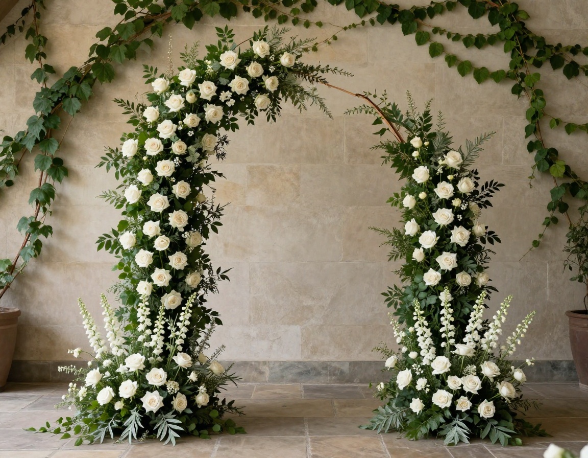 Asymmetrical ground-growing ceremony arch with seasonal foliage and white blooms