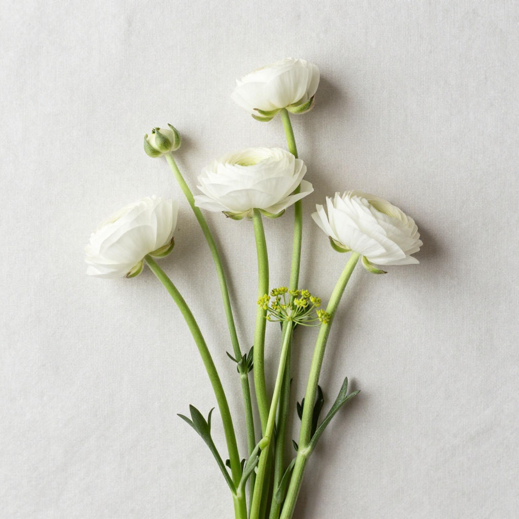 Freshly cut pale ranunculus and fennel stems in studio cold room