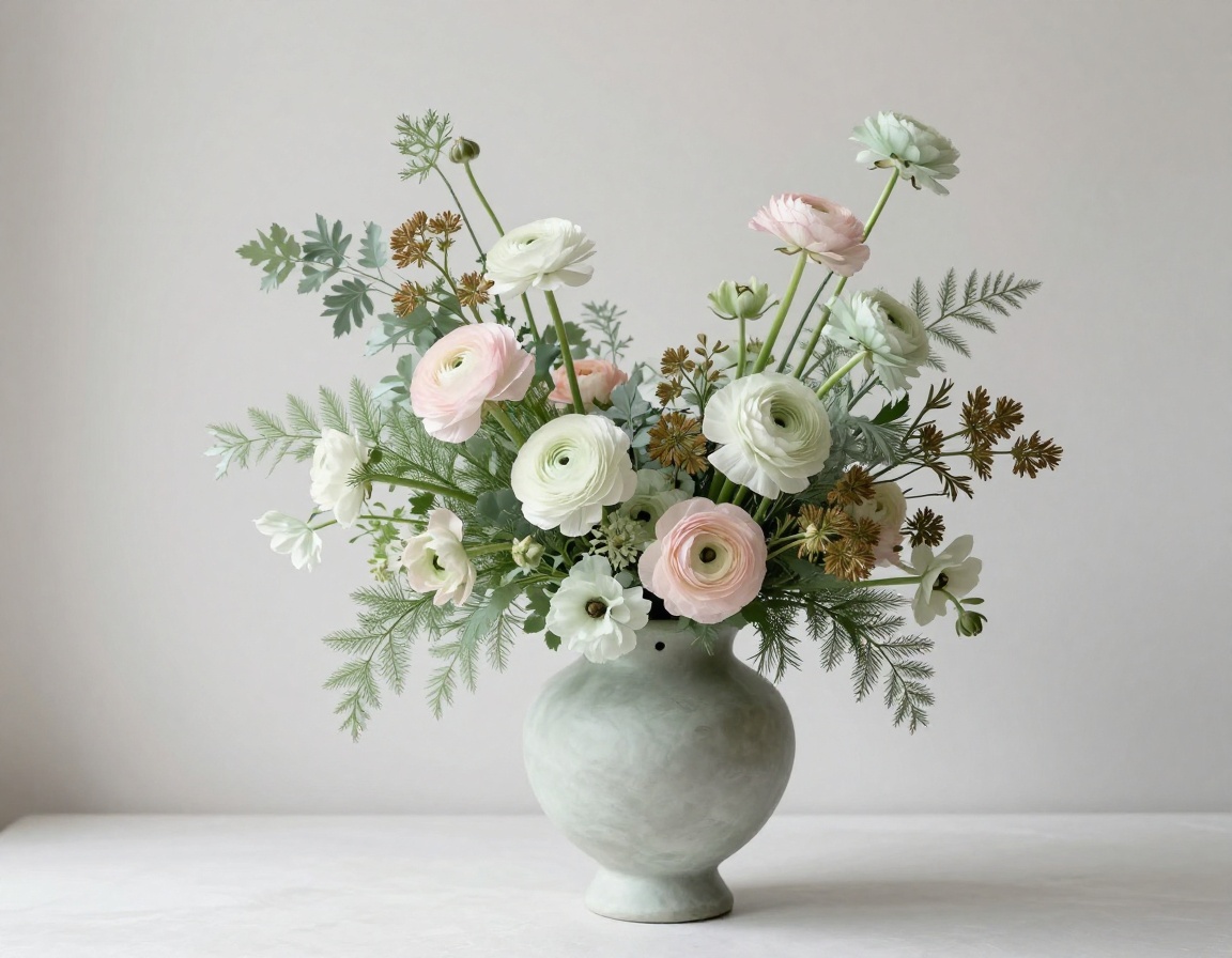 This week's featured botanical arrangement with bronze fennel, pale blush ranunculus, and delicate ferns