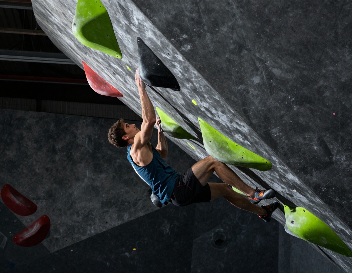 Climber tackling steep boulder route at Kiln Street Climbing