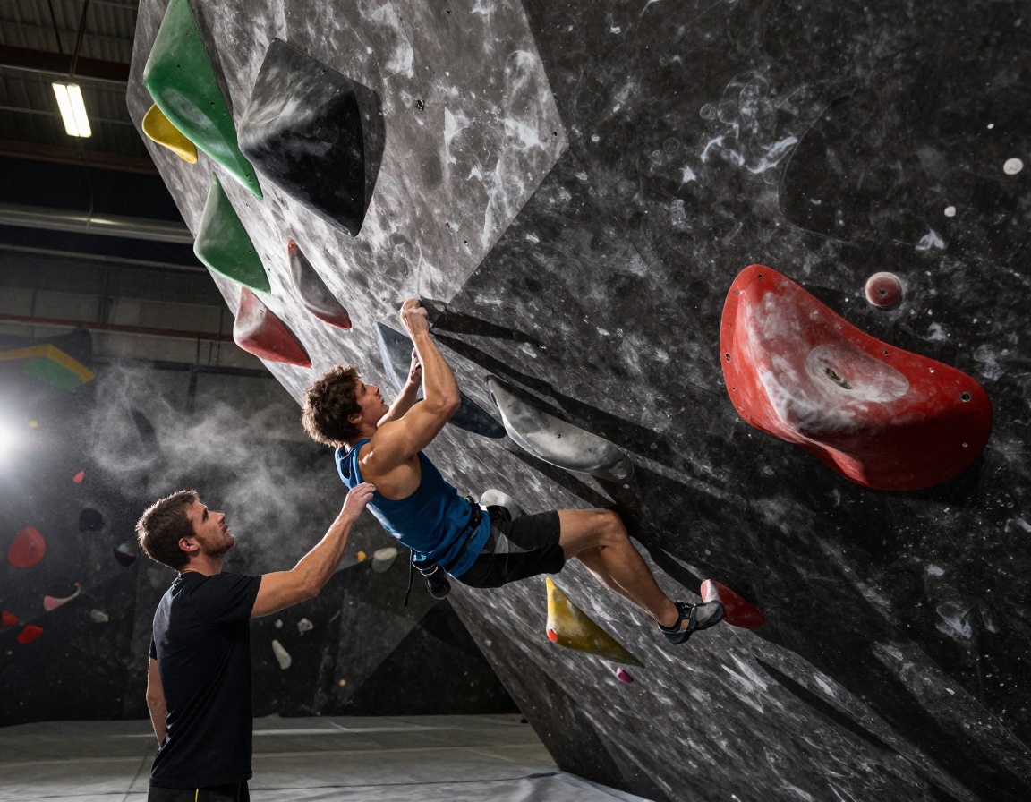 Climbing coach analyzing movement on the Kiln Street overhang wall
