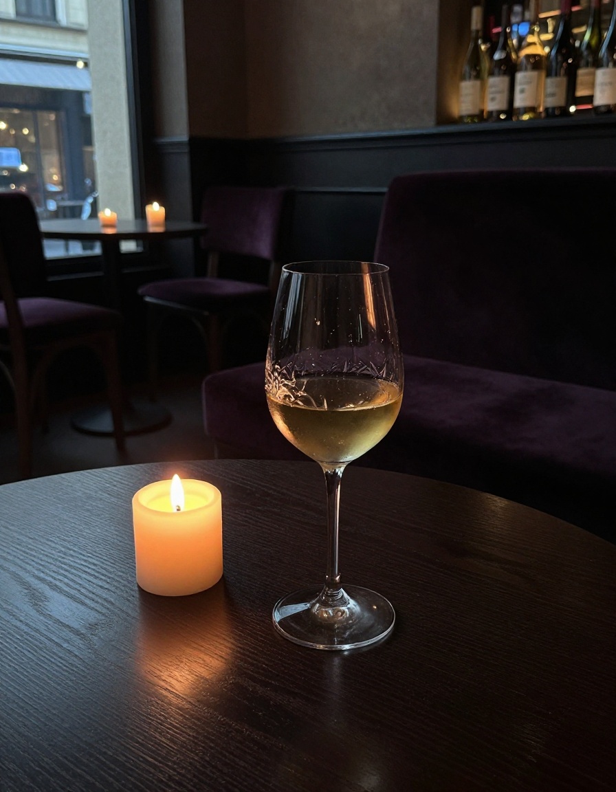 Candlelit wooden bar top at Vessel Wine Room with a glass of natural skin-contact wine