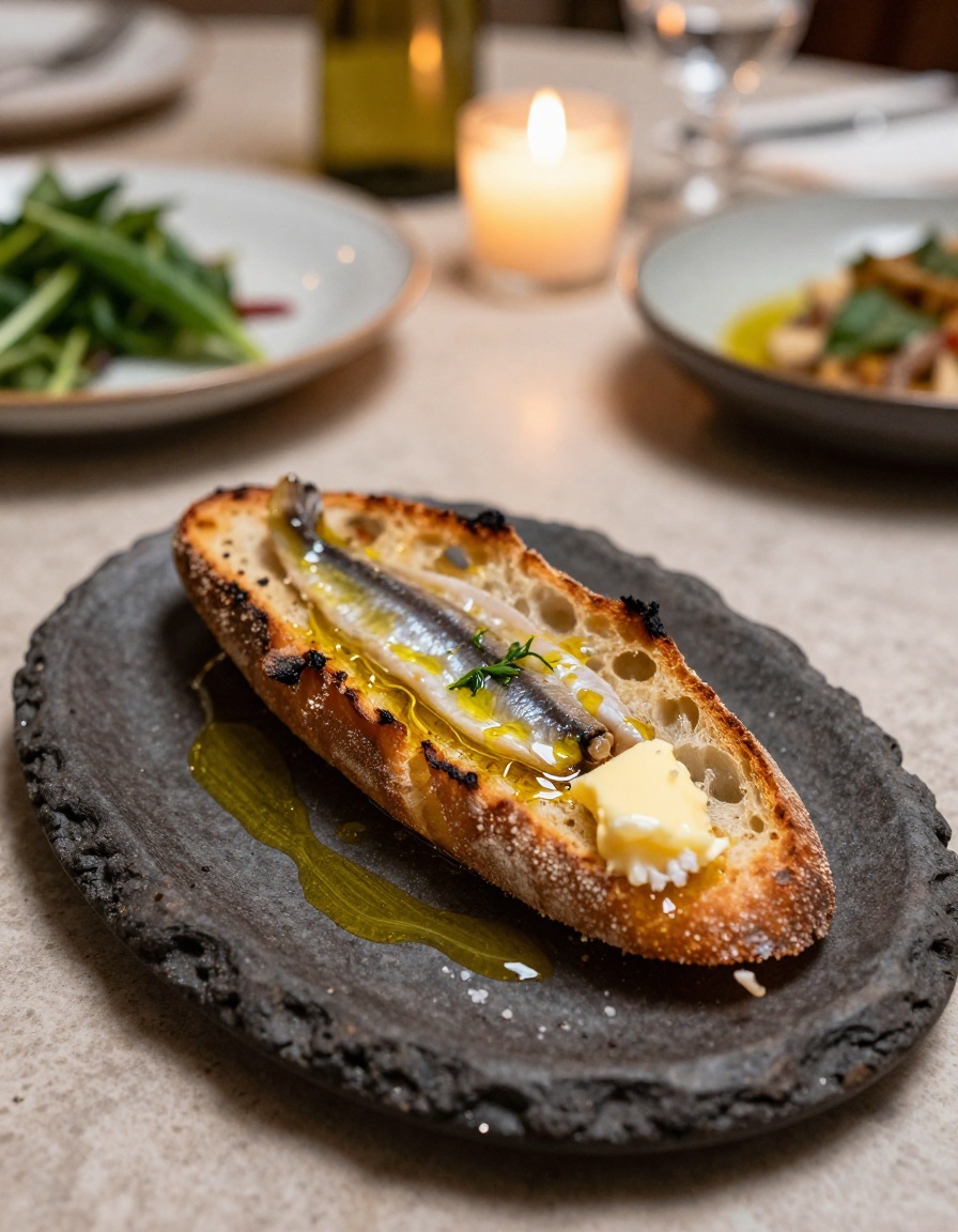 Nocturnal small plate with charred sourdough, cultured butter, and marinated anchovies