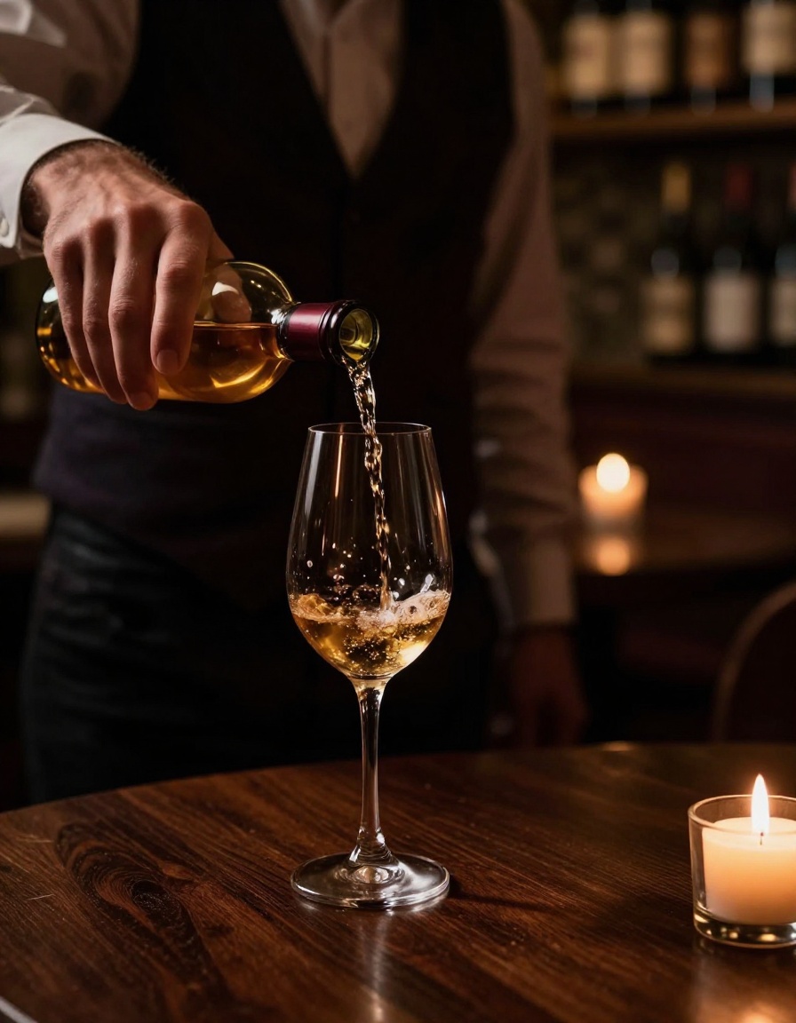 Sommelier pouring natural wine by candlelight