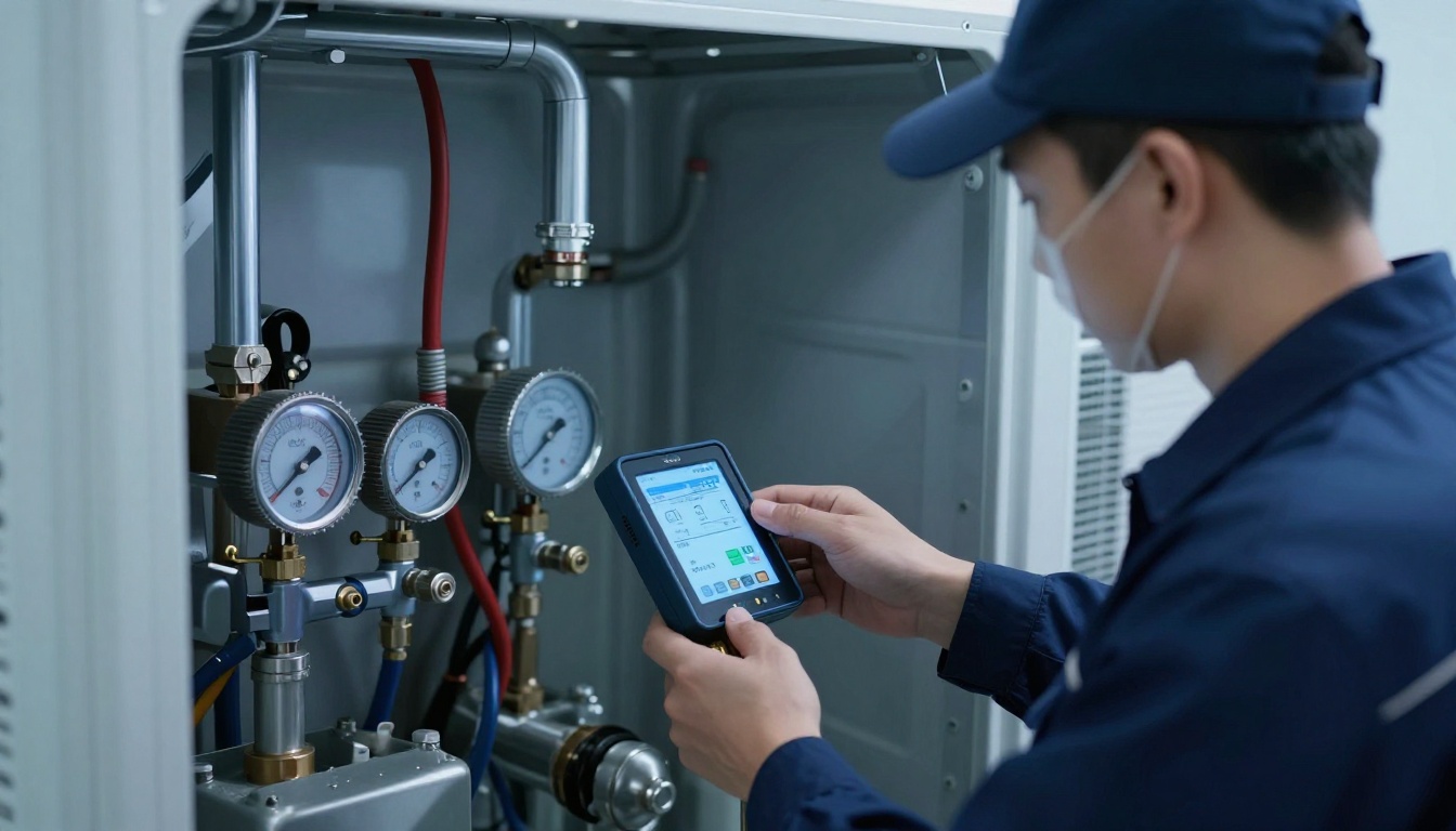 Technician conducting digital diagnostics on HVAC equipment