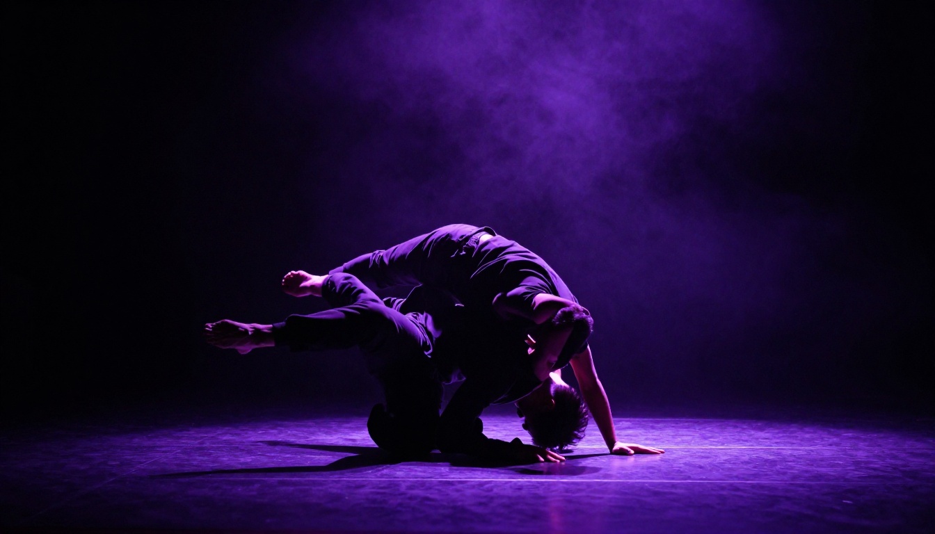 Contemporary dancer gliding across floor in deep violet atmospheric lighting