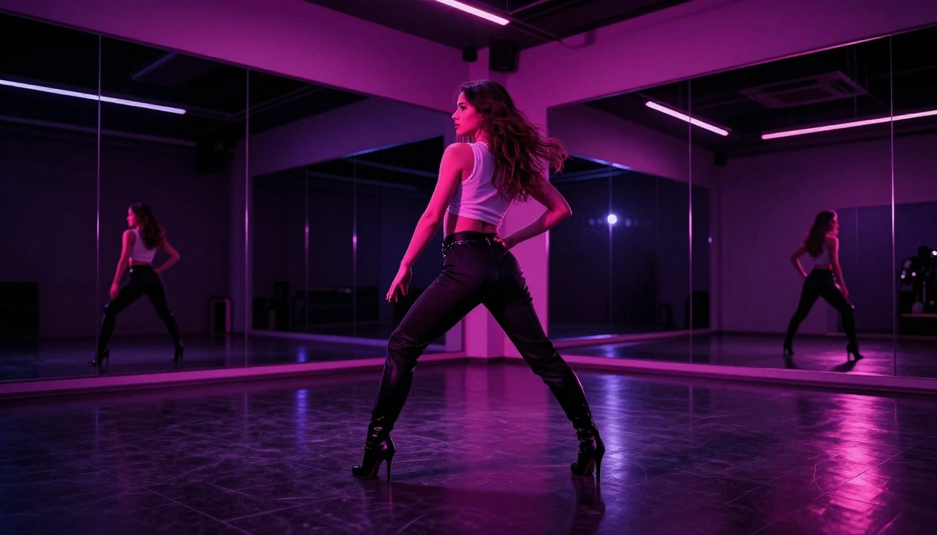 Dancer in stiletto heels striking an assertive pose in a neon lit studio