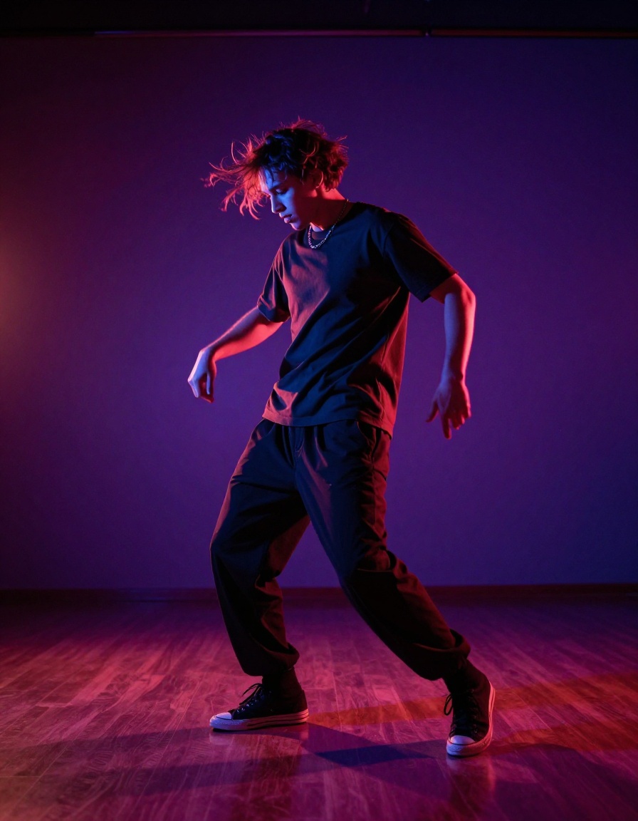 Adult dancer in an electric magenta lit studio
