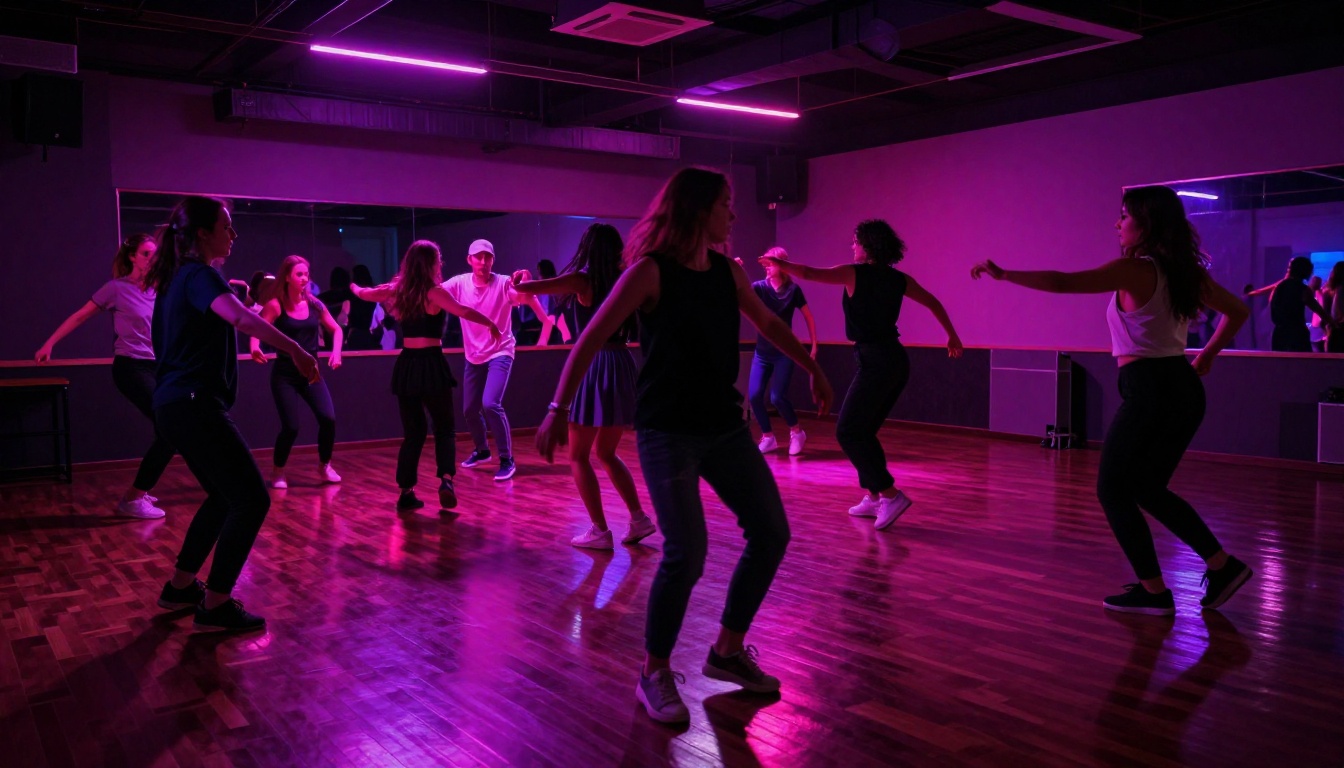 Dancers moving dynamically under magenta and ultraviolet studio lights