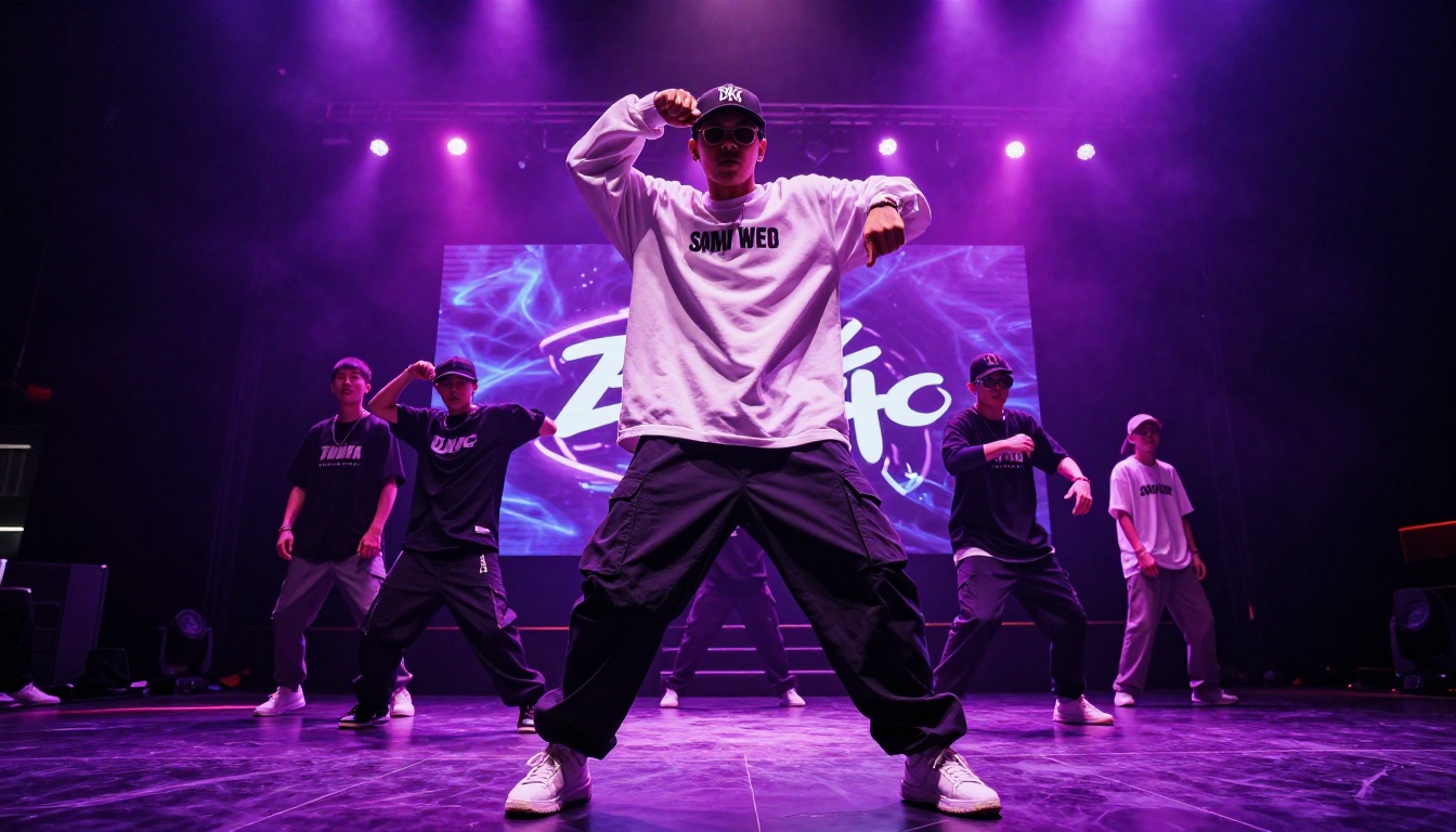 Hip hop dancers moving energetically under vibrant club illumination