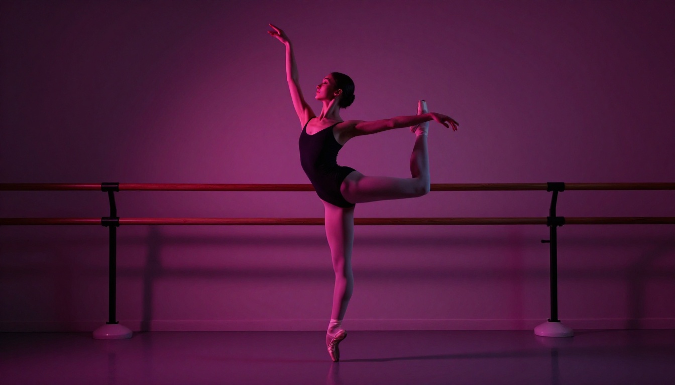 Adult ballet student working at the barre under modern studio lighting
