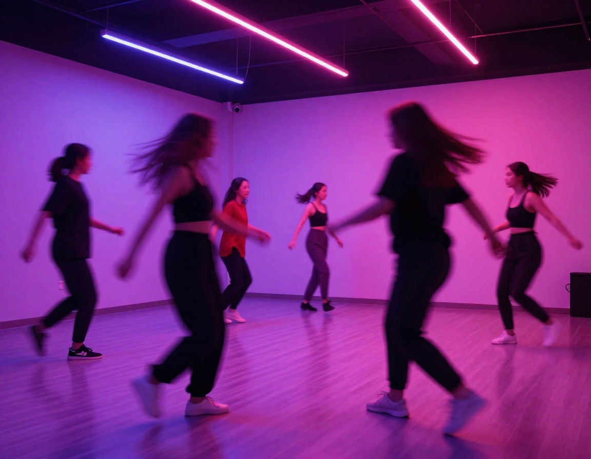 Adult dancers moving under electric neon studio lighting