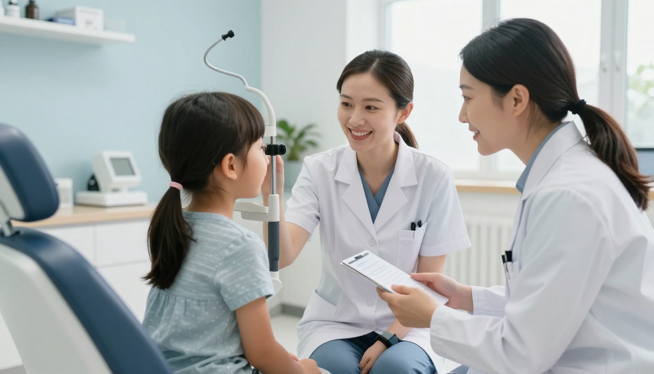 Optometrist conducting gentle pediatric eye examination in a clinical setting