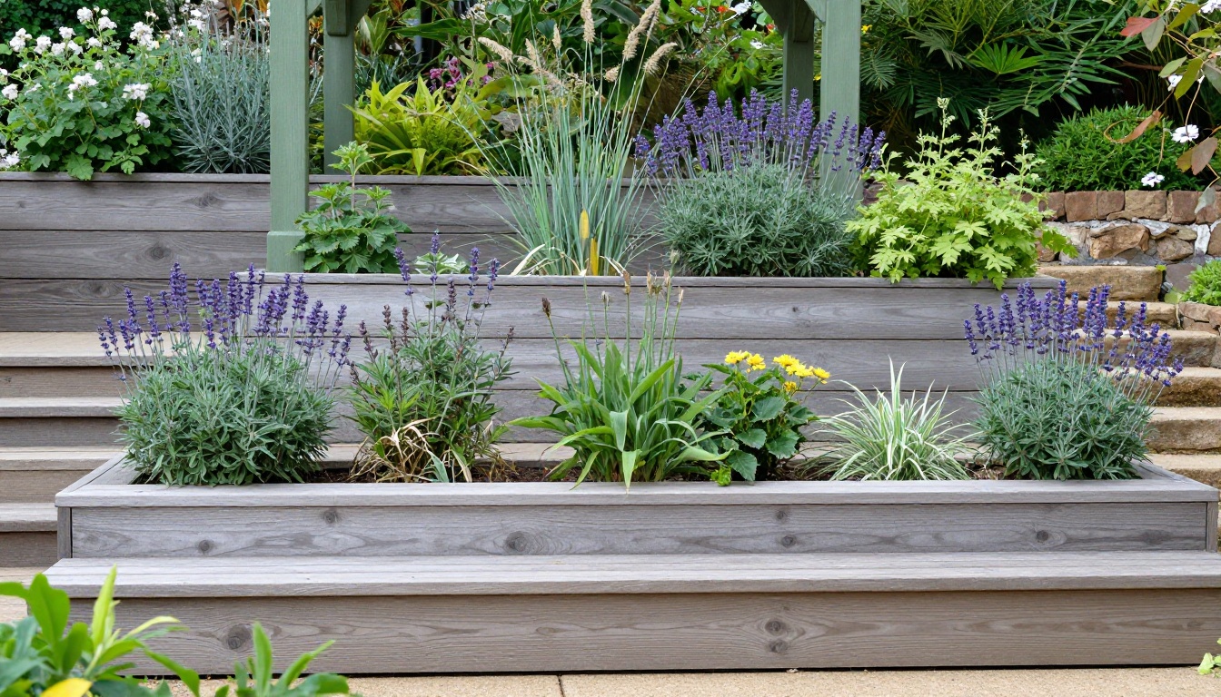 Green oak pergola and tiered garden sleeper beds