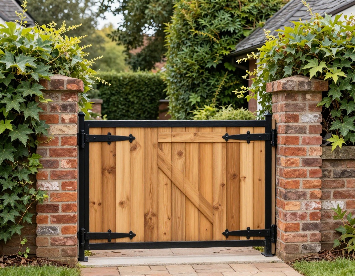 Hand-framed cedar garden gate with traditional wrought iron hardware