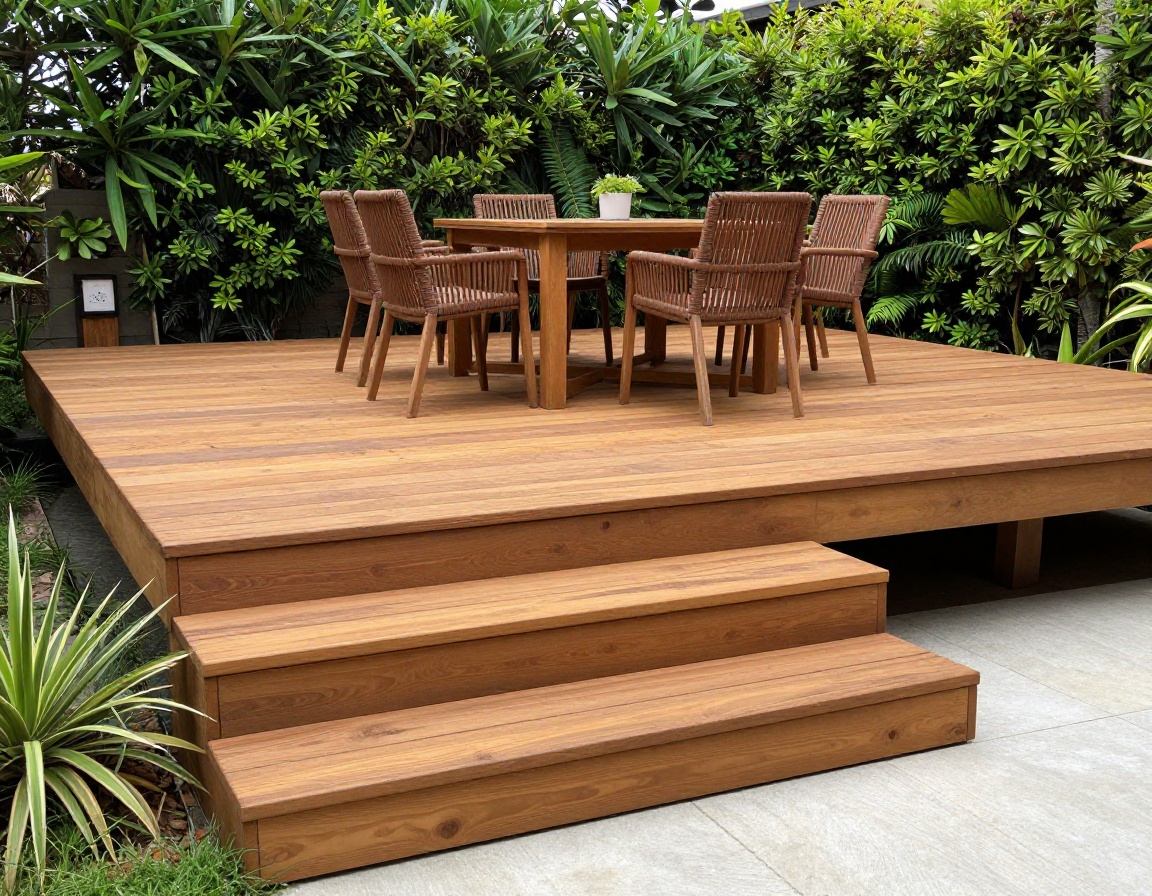 Multi-level natural timber deck with built-in wide step transitions in a green garden