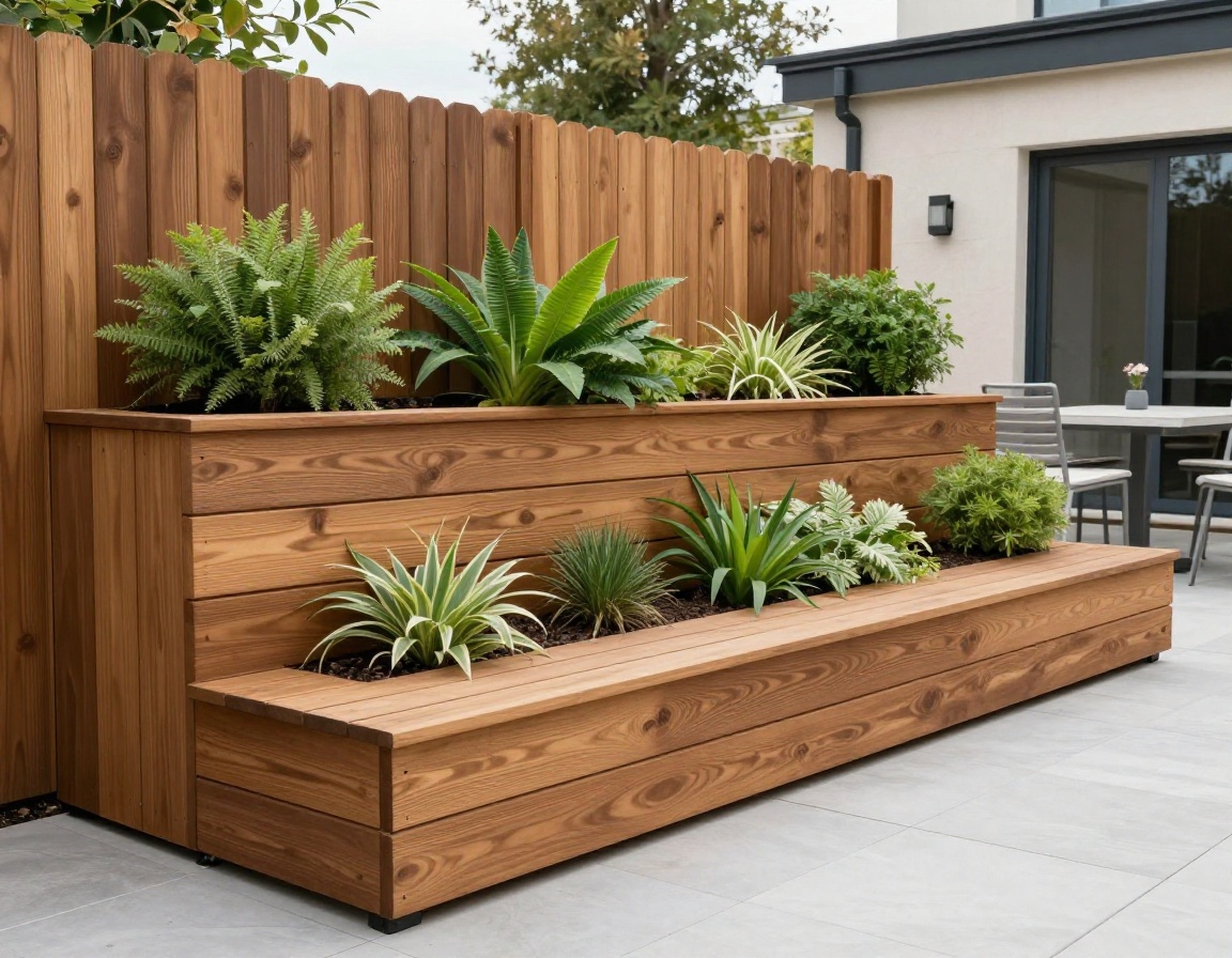 Horizontal slatted cedar privacy screening alongside tiered oak railway sleeper planters