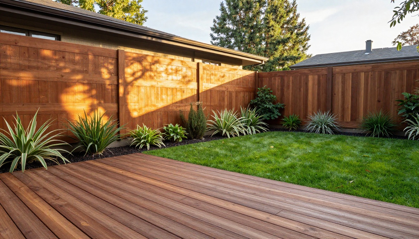 Handcrafted cedar horizontal slatted fence and smooth timber deck in a lush garden