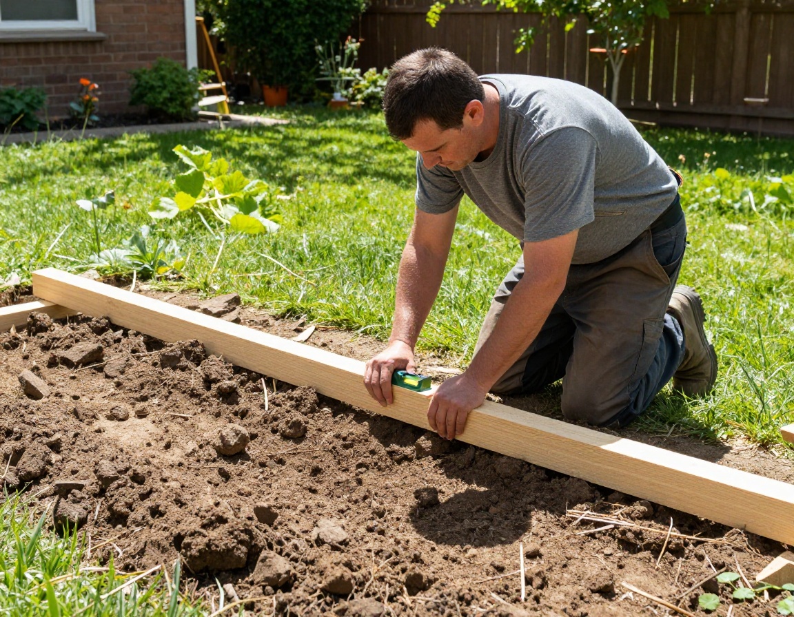 Carpenter setting level redwood posts in garden