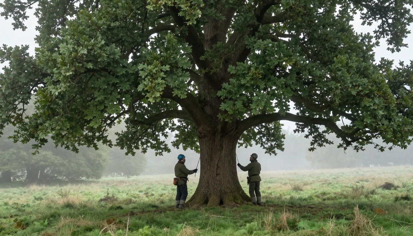 Arborist surveying a protected ancient oak tree in woodland