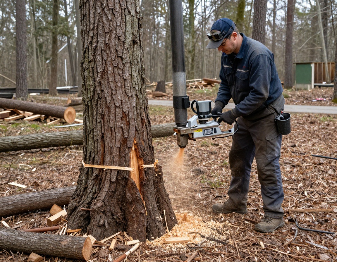 High torque narrow-access stump grinding in progress