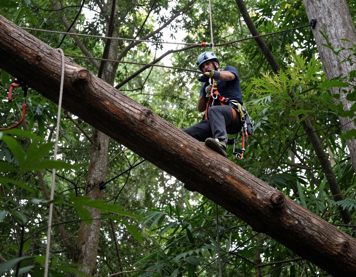 Arborist executing high-rigging limb lowering