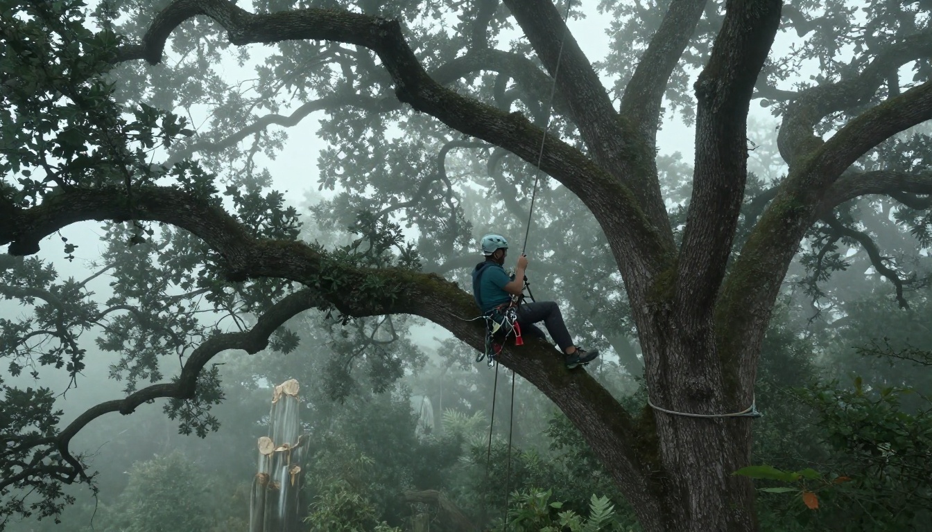 Arborist performing precision canopy work in mature oak tree