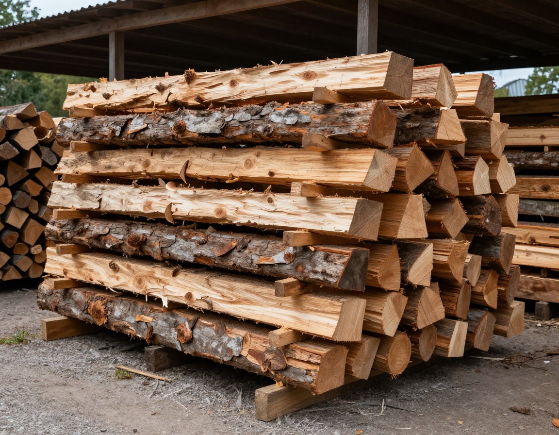 Seasoned hardwood logs cured and stacked in Hollow Oak timber yard