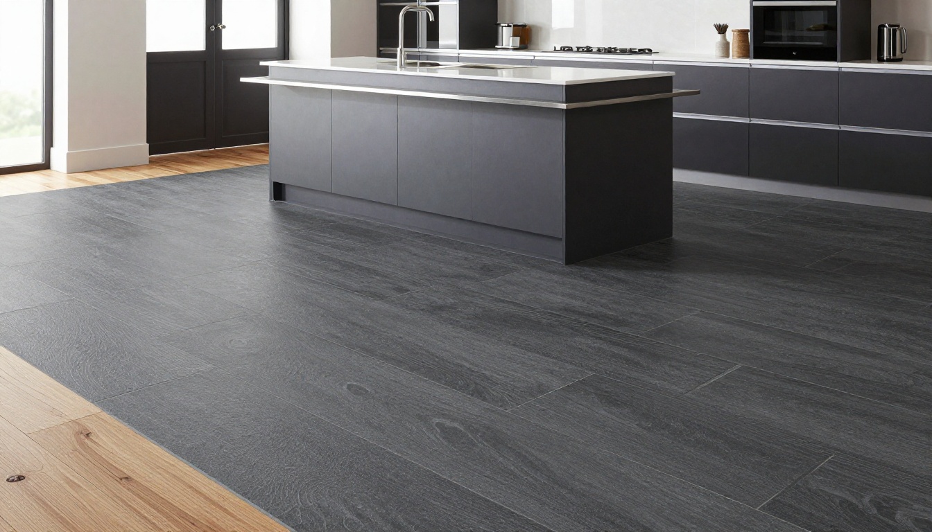 Large-format honed mineral LVT tile in contemporary open kitchen