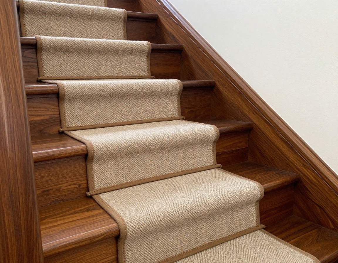 Woven wool herringbone stair runner with stitched linen edging