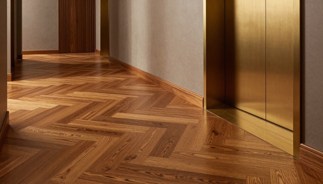 Smoked European oak herringbone parquet installation in continuous hallway
