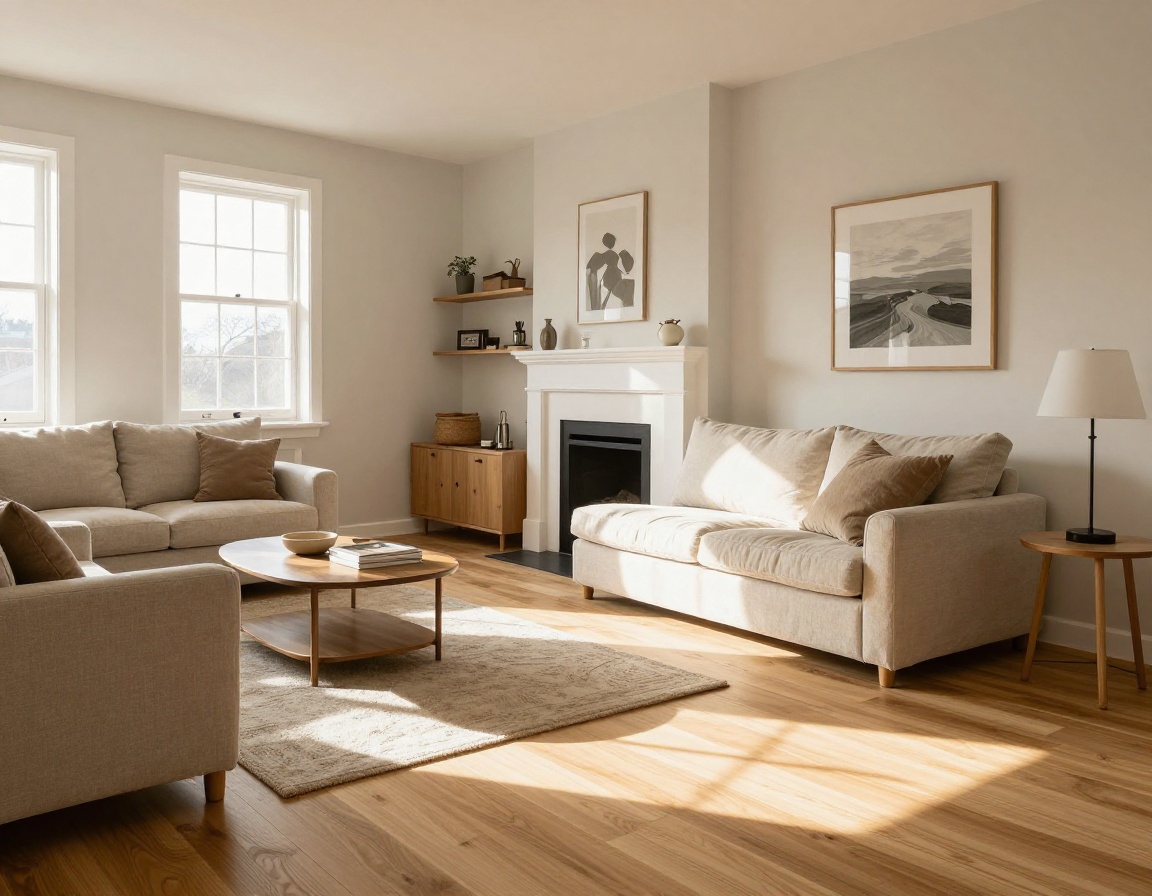 Wide plank engineered honey oak flooring in open living room
