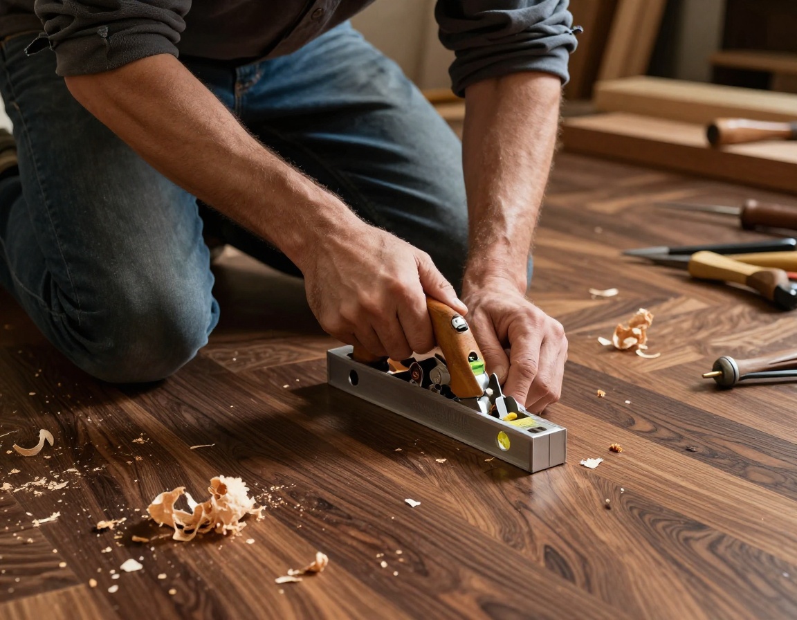 Carpenter fitting walnut timber flooring with precision joinery tools