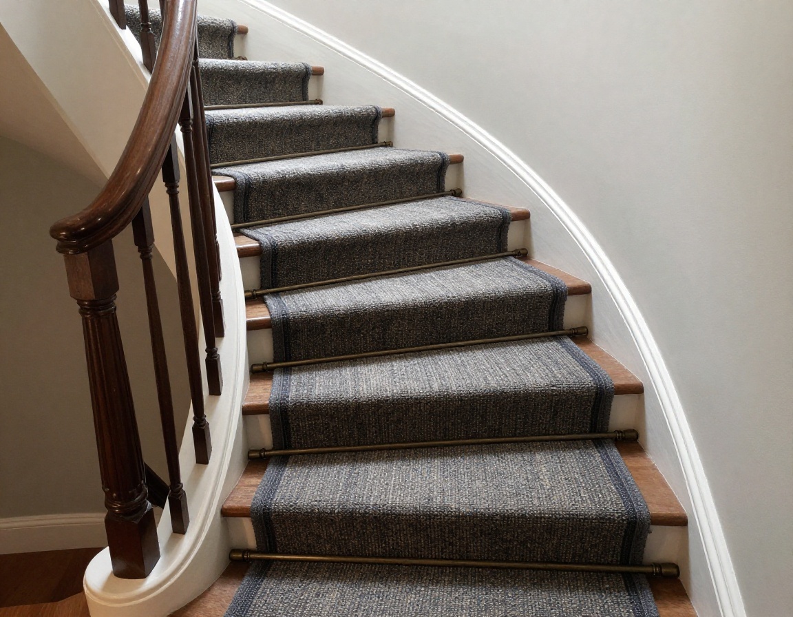 Bespoke herringbone flatweave wool runner on dark walnut stained treads