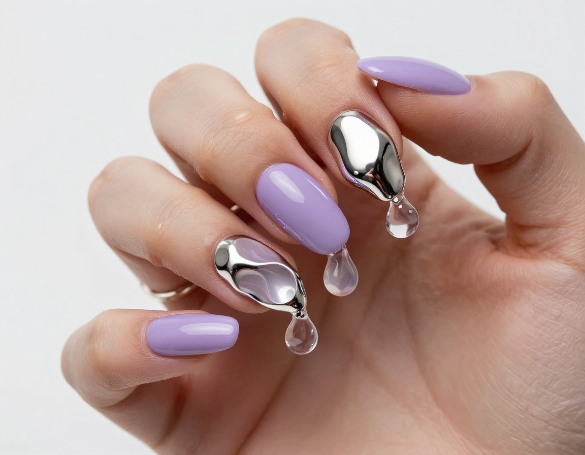 Translucent jelly lilac nails with molten silver 3D accents