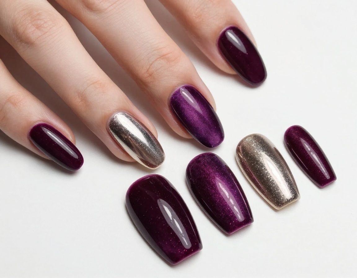Velvet magnetic cat-eye and high-shine mirror chrome nail design