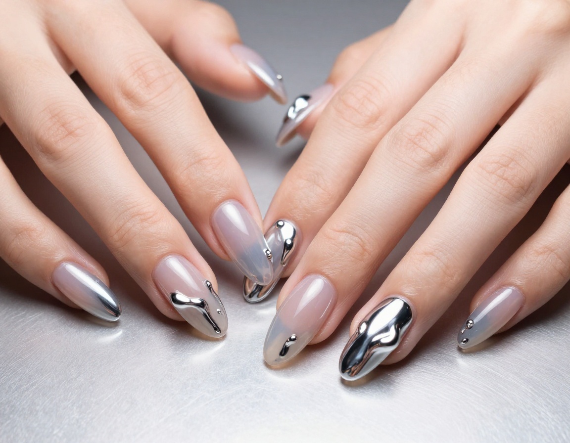 Mercury Melt silver chrome nail art set on sheer lilac base