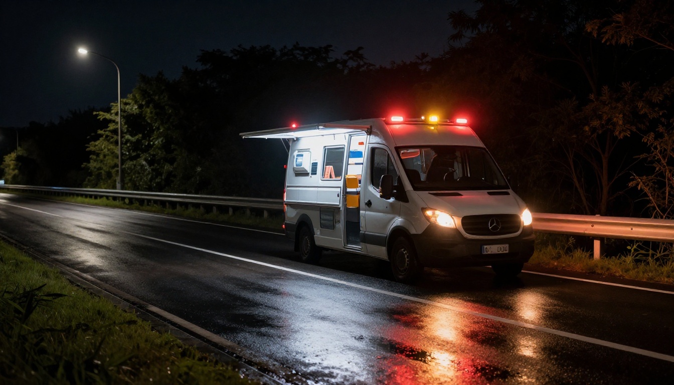 Roadside emergency unit on highway shoulder at night