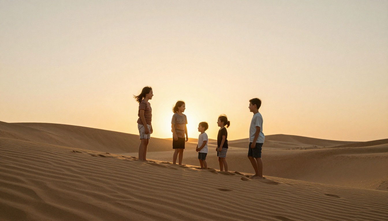 Family on coastal sand dunes