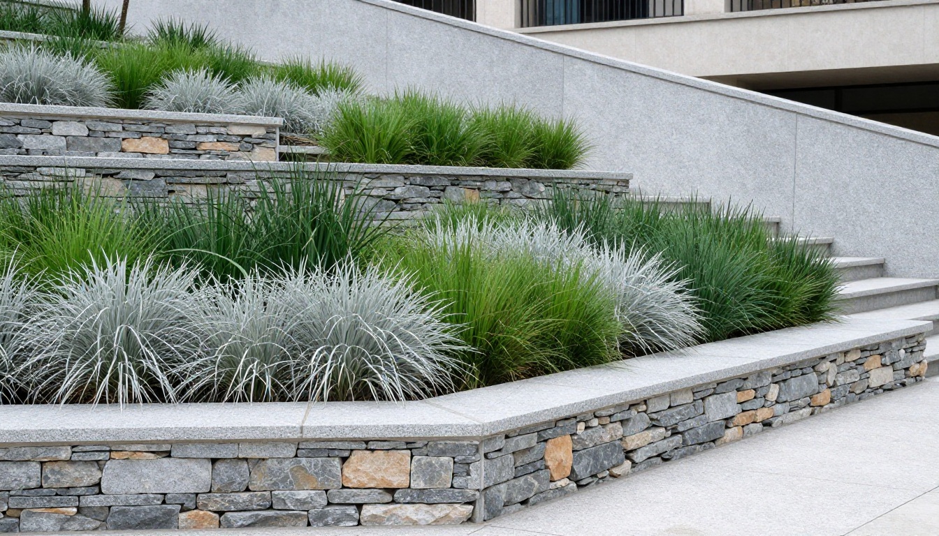 Multi-level stone terraced garden with granite stairs and perennial planting