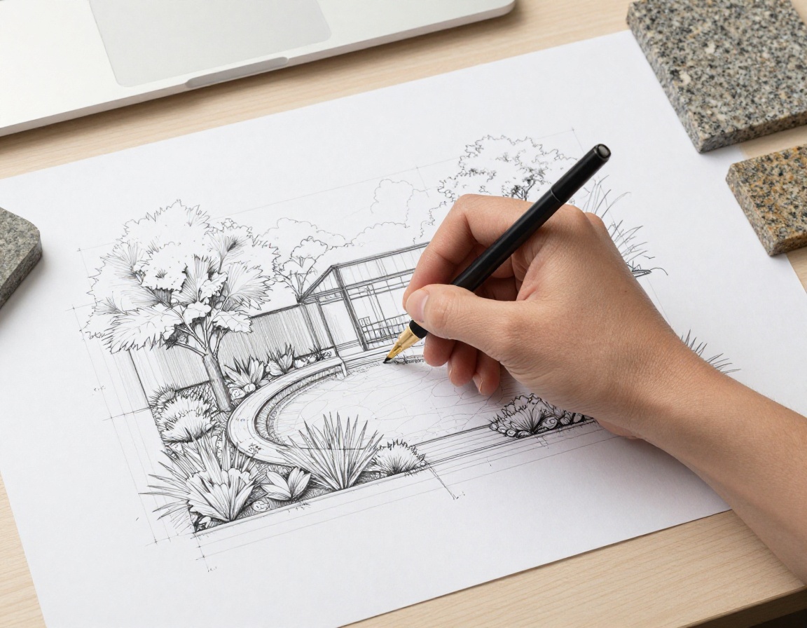 Architectural landscape blueprint and material samples