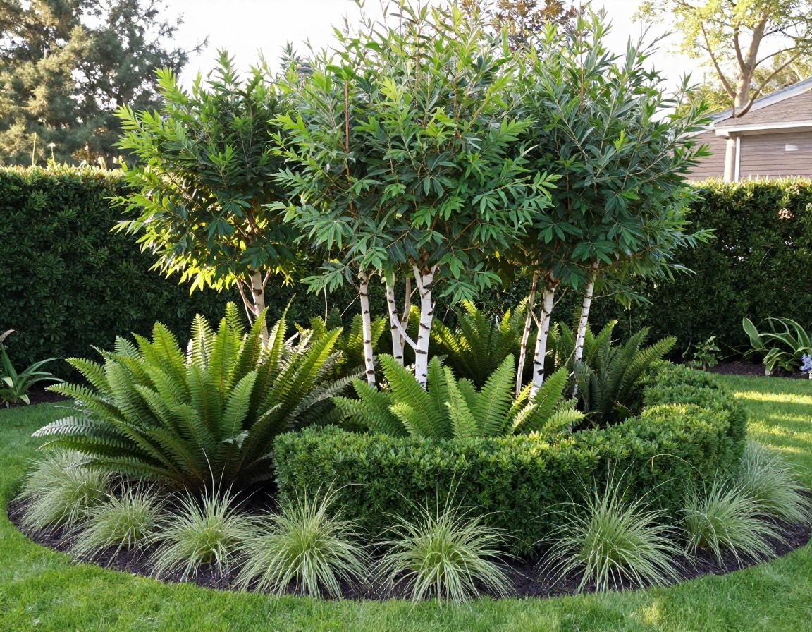 Finished architectural planting scheme with mature specimen trees and evergreen structure