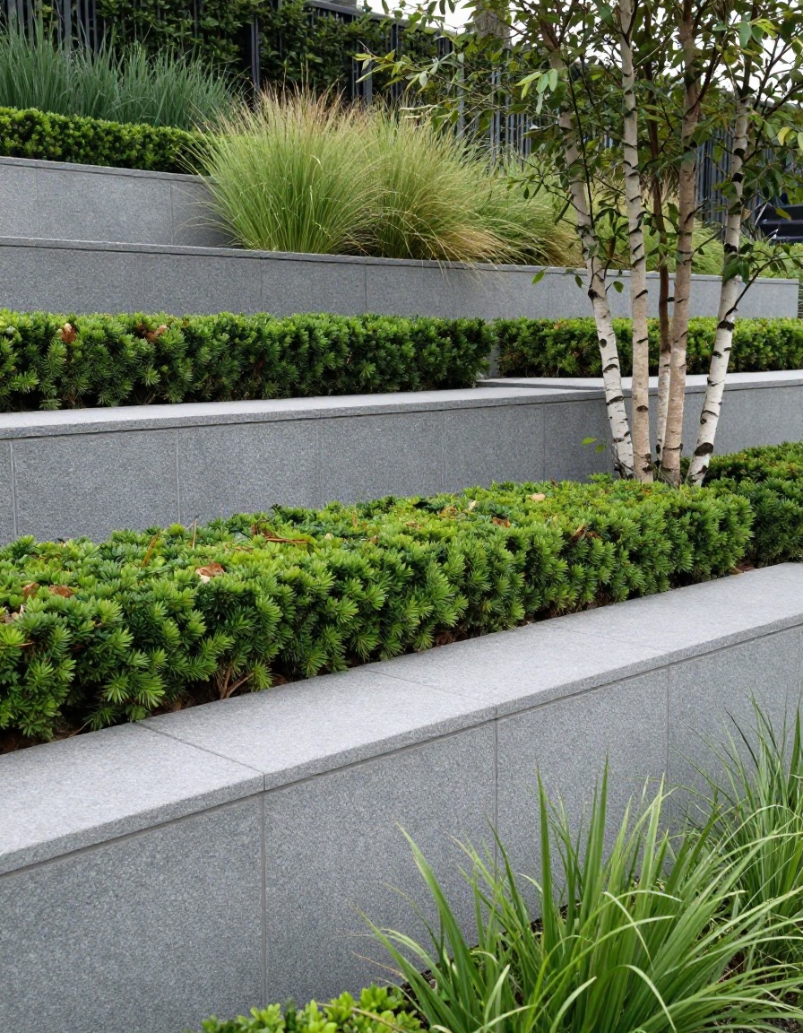 Completed modern architectural garden featuring stone retaining walls and perennial grasses